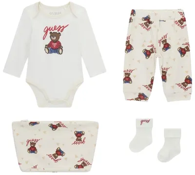 Set de 4 piese Guess - Body, pantaloni, șosete și neceser, bej, 6-9 luni