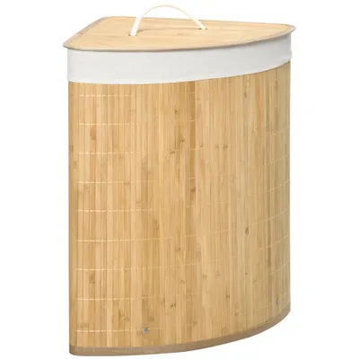 HOMCOM Coș de Rufe din Bambus cu Capac, Design Triunghiular Economisitor de Spațiu, 38x38x57 cm, Culoare Lemn | Aosom Romania