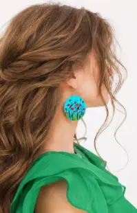 Cercei verde turcoaz handmade ,din piele naturala ,cu maci pictati