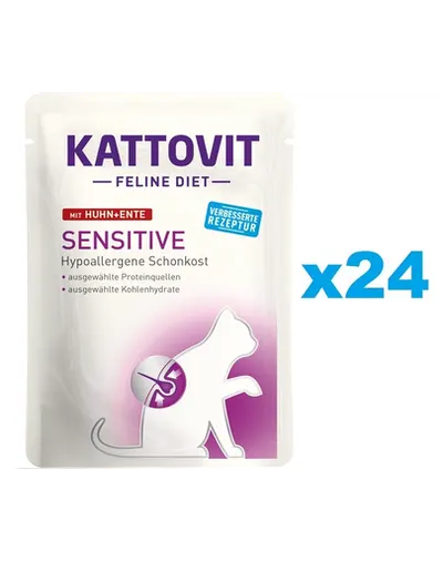 KATTOVIT Feline Diet Sensitive hrana umeda dietetica pentru pisici cu alergii alimentare, cu pui si rata 24 x 85 g