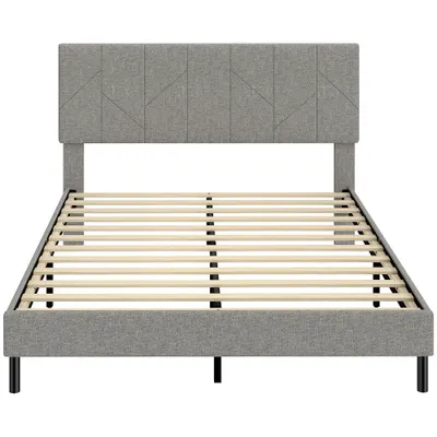 HOMCOM Cadru de pat 140 x 190 cm cu somier şi tăblie reglabilă, pat dublu tapiţat în in, depozitare dedesubt, gri | Aosom Romania