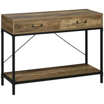 Masă Consolă Vintage HOMCOM din Metal și Lemn, Design Elegant cu 2 Sertare și Raft, Maro, pentru Living, Sufragerie | Aosom Romania