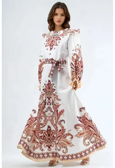 Rochie maxi - cu maneci lungi - poliester/lycra - alb/bej
