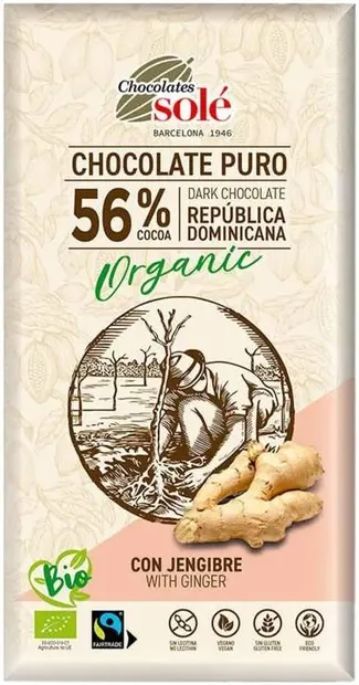 Ciocolată neagră organică cu ghimbir, 56% cacao, 100 g, Chocolates Solé