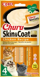 INABA Churu Skin&Coat, Pui, plic recompense funcționale fără cereale pisici, piele & blană, (topping), 56g