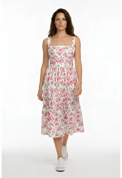 Rochie cu decolteu patrat si model floral Maxime - Roz