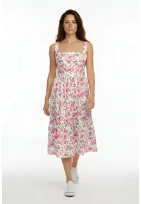 Rochie cu decolteu patrat si model floral Maxime - Roz