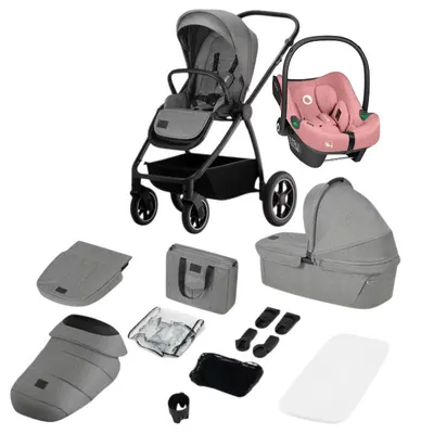 Carucior 3 in 1, Lionelo, Meril, Cu landou de dimensiune XL, Reversibil, Cu scoica auto testata ADAC, Cu accesorii, Pana la 22 kg, EN1888-1 EN1888-2, EN1466, Gri/roz