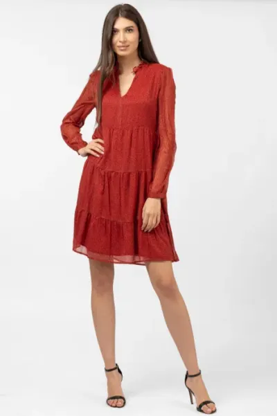 Rochie midi cu volane rosu-caramiziu si imprimeu floricele