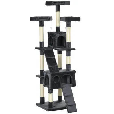 PawHut Copac de zgâriat 173 cm - turn pentru pisici cu cușcă, stâlpi din sisal, platformă mare, multi-etajat, gri închis | Aosom Romania