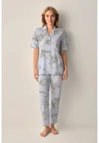 Pijama cu maneci scurte si model floral - Albastru azur/Bej deschis