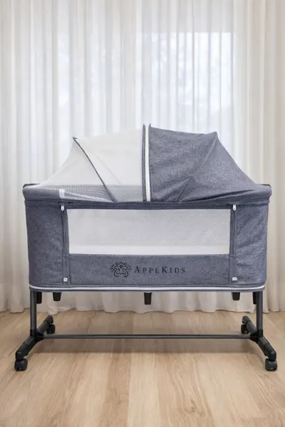 Patut Co-sleeper multifunctional 4 in 1 AppeKids Dreamy Grey cu inclinare antireflux, functie de leganare manuala, 5 niveluri de reglare a inaltimii, accesorii incluse