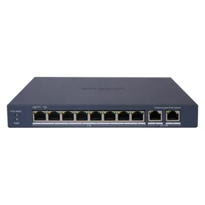 Switch cu 10 porturi Gigabit Hikvision DS-3E0510P-EI, 8 porturi PoE, 2 porturi uplink, 10/100/1000Mbps, 4k MAC, buget PoE 110 W, cu management