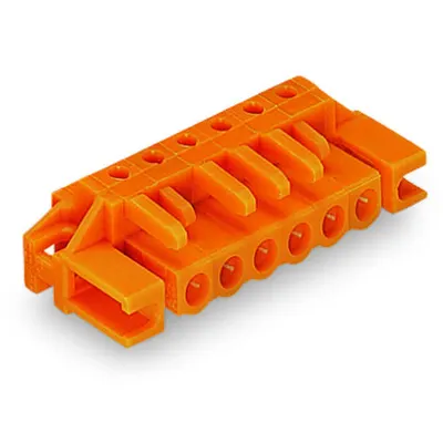 THT female header; 0.6 x 1.0 mm solder pin; angled; Spacer flange; Pin spacing 5.08 mm; 11-pole; orange
