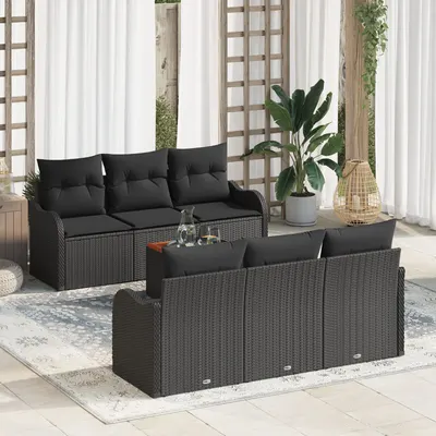 Gossi set canapea de gradina cu 7 piese si pernute negru ratan poli acacia, Gossi canapea de gradina cu 2 locuri cu pernute negru ratan poli