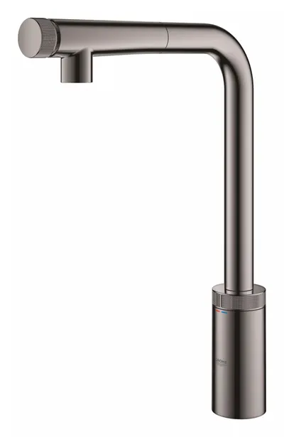Baterie de bucatarie Grohe Minta Smartcontrol 31613A00, 3/8 inch, pipa inalta, tip L, dus extractabil, 2 functii, Grafit lucios