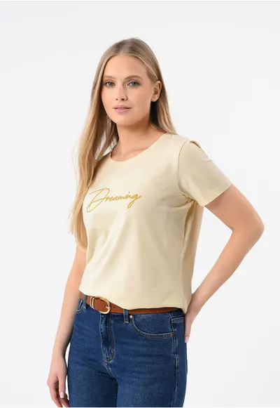 Tricou dama din bumbac cu imprimeu - Regular Fit - T-Decore - crem