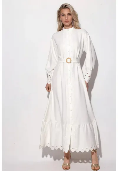 Rochie Maxi - Casual - Alb - Poliester cu Lycra - Maneca lunga - Guler rotund - Cu cordon