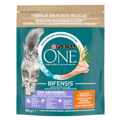 PURINA ONE COAT and HAIRBALL, Pui si Cereale Integrale, hrana uscata pentru pisici, 750 g