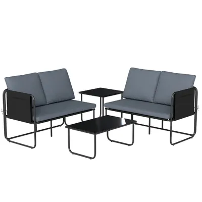 Outsunny Set Grădină Exterior 4 Piese cu 2 Canapele 2 Locuri 2 Mese cu Sticlă Perne Huse Detașabile și Buzunare Gri | Aosom Romania