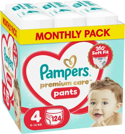 Scutece - chiloțel Pampers Premium Care - Mărimea 4, 9-15 kg, 124 buc