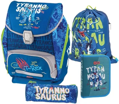 Set școlar Play T-Rex - Ghiozdan, două penare și sac de sport