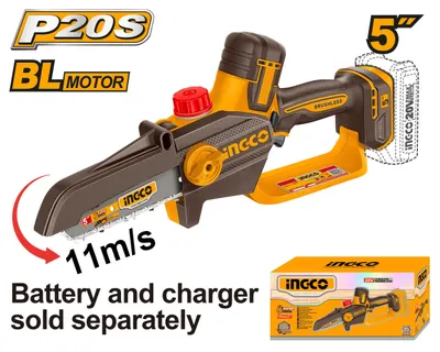 Fierastrau de mana INGCO CGSLI2056, 20V, Brushless, lama 13cm / 5”, ungere automata, lant 1/4”, canal 1.1mm, viteza lant 11m/s, 36 zale, fara acumulator si incarcator