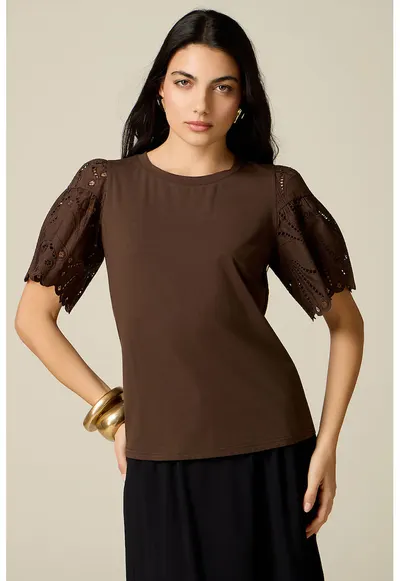 Tricou cu maneci brodate - Maro inchis