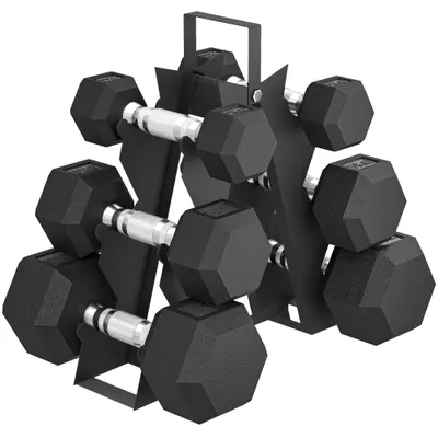 SPORTNOW Set de Gantere pentru Sală cu Suport, 2x2kg, 2x5kg, 2x8kg, Greutăți Hexagonale din Metal cu Mânere Antiderapante, Antrenament de Forță și Fitness Acasă, Negru | Aosom Romania