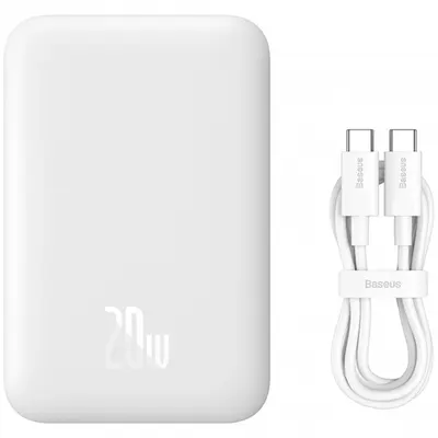 Baterie Externa Wireless Baseus Magnetic Mini, 6000mAh, 20W, PD + FQI, 1 x QI - 1 x USB-C, Alba P10059002223-00