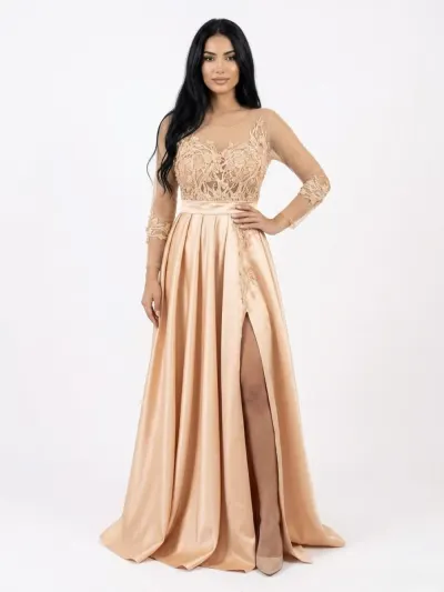 Rochie eleganta lunga din tafta cu broderie pretioasa si maneca