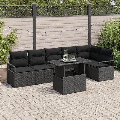 Set de canapea pentru gradina Gossi cu 7 piese si perne ratan negru, canapea pentru gradina Gossi cu 2 locuri si depozitare & perne ratan negru