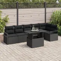 Set de canapea pentru gradina Gossi cu 7 piese si perne ratan negru, canapea pentru gradina Gossi cu 2 locuri si depozitare & perne ratan negru