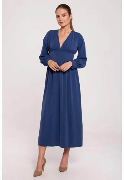 Rochie maxi cambrata in talie cu decolteu in V - - Albastru