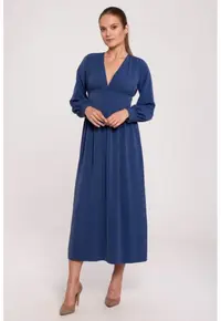 Rochie maxi cambrata in talie cu decolteu in V - - Albastru
