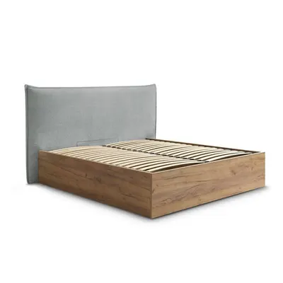 Pat matrimonial gri deschis tapițat/din placă aglomerată de lemn tapițat cu spațiu de depozitare cu somieră 160x200 cm Charlie – Bobochic Paris