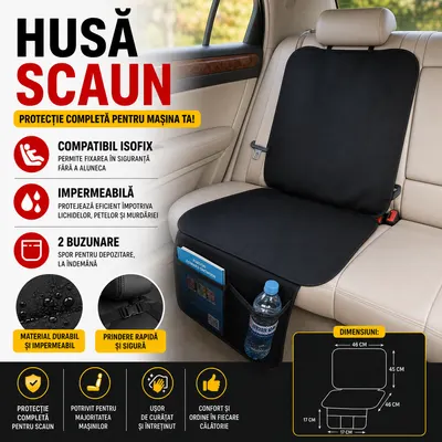 Husa protectie pentru scaunul auto, Material Impermeabil, Anti Alunecare, Montaj Rapid, Usor de Curatat, 2 Buzunare, Negru