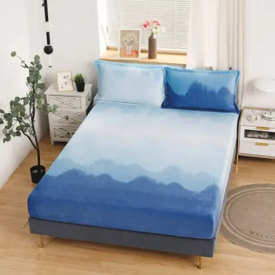 Cearsaf / Husa cu Elastic Cocolino 180x200cm si 2 fete de perna 50x70cm, Albastru, norisori degrade