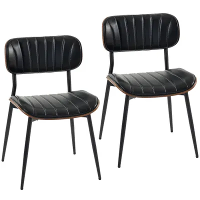 HOMCOM Set de 2 scaune de dining tapițate cu piele sintetică, cu spătar curbat, picioare din metal 49,5x49,5x80 cm, negru și maro | Aosom Romania