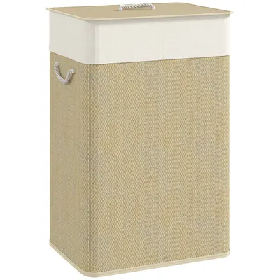 HOMCOM Coș de rufe din bambus cu capac 72 L, colector de rufe cu mânere din bambus, sac de rufe detașabil, natural | Aosom Romania