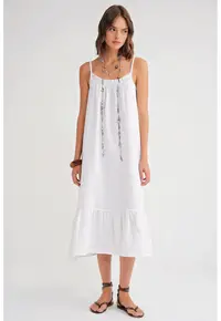 Rochie midi din muselina cu volan - Alb