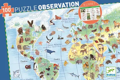 Puzzle de observare Djeco de 100 piese - Animale pe planeta, cu carte