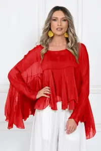Bluza din matase naturala si vascoza cu volane tip cascada, croi lejer, rosie