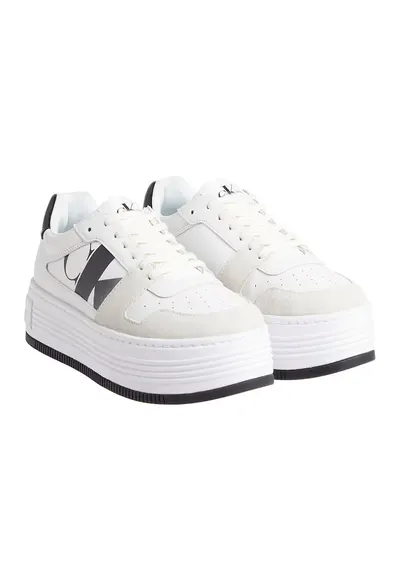 Pantofi sport flatform din piele si piele intoarsa - Alb/Negru
