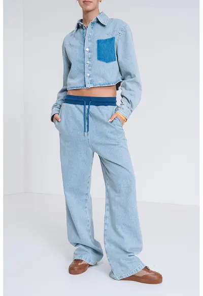 Pantaloni jogger din denim cu snur - Albastru deschis melange