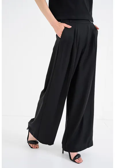 Pantaloni din lyocell cu croiala ampla si talie ajustabila - Negru