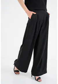 Pantaloni din lyocell cu croiala ampla si talie ajustabila - Negru