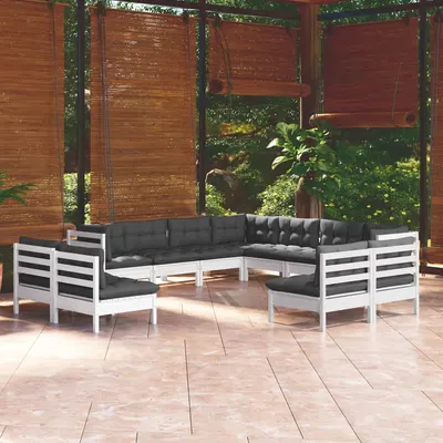 Gossi set mobilier gradina cu perne, 11 piese, alb, lemn masiv pin