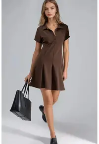 Rochie midi din crep - cu guler tip camasa - maro - cu nasturi
