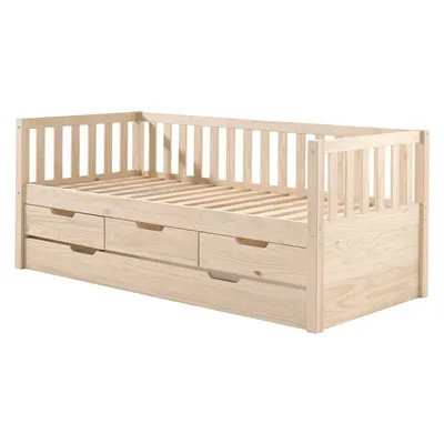 Pat pentru copii în culoare naturală cu extensie suplimentară din lemn de pin cu spațiu de depozitare cu somieră 90x200 cm Fritz – Vipack